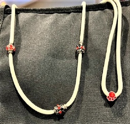 White custom show lead with red decorative beads and paw 36