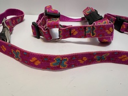 Leash set with collar and harness - pink with butterflies 